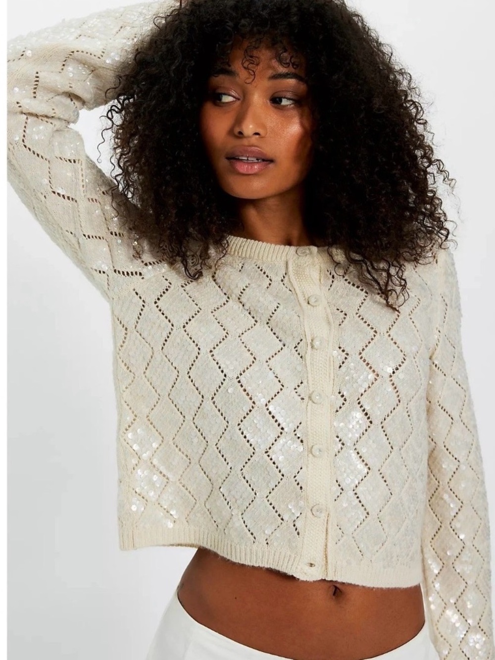 Free People Sequin Open Knit Cardigan Ivory Bridal Sweater S